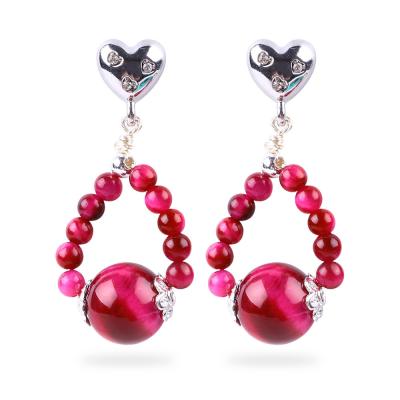 China Handmade Crystal Stone Earrings Rose Red Tiger's Eye Gemstone Beaded Heart Charms Pendant Earrings for sale