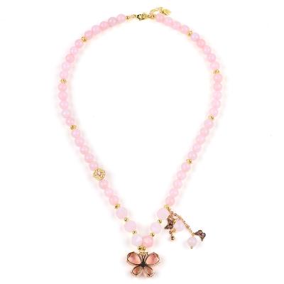 China Butterfly Charm Rose Quartz Stone Crystal Sweater Necklace Emotional Healing for sale
