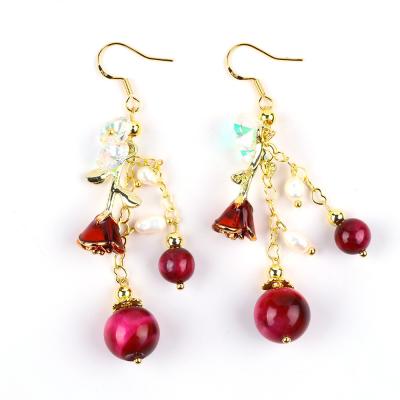 China 10MM 8MM Rose Red Tiger Eye Crystal And White Pearl With Rose Flower Dangle Long Earring For Party And Daily Wear for sale