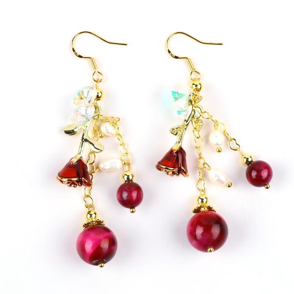 Quality 10MM 8MM Rose Red Tiger Eye Crystal And White Pearl With Rose Flower Dangle Long Earring For Party And Daily Wear for sale