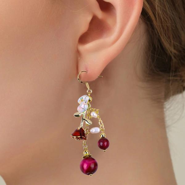 Quality 10MM 8MM Rose Red Tiger Eye Crystal And White Pearl With Rose Flower Dangle Long for sale