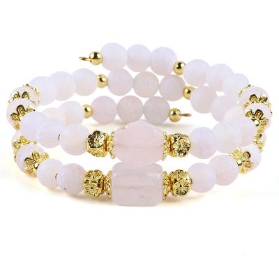 China Genuine White Weathered Agate Crystal Stone Spiritual Healing Round Shape Adjustable Double Layer Crystal Bead Bangle for sale