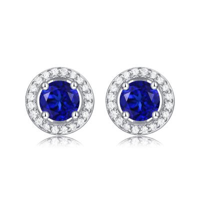China Blue 925 Sterling Silver Zircon Round Gemstone Stud Earrings For Gift Giving for sale