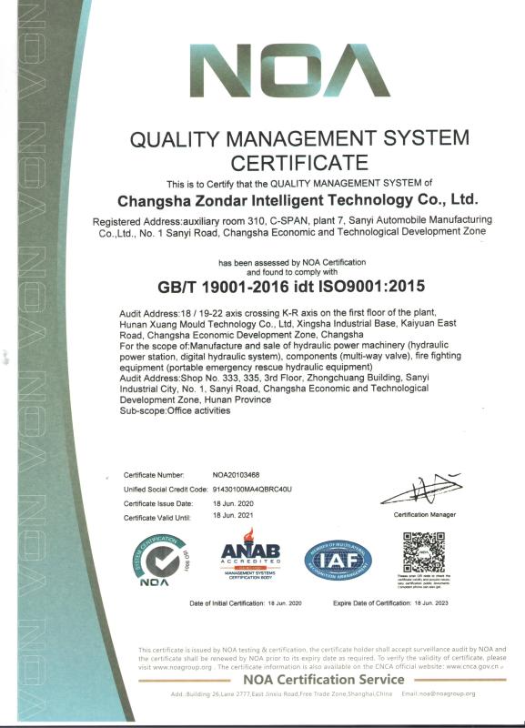 Quality Management System Certificate - Changsha Zondar Intelligent Technology Co., Ltd.