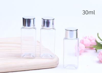 China Duidelijke Plastic Kosmetische Containers, Vierkante Plastic Flessen met Aluminiumdeksels Te koop