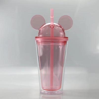 중국 중벽 아크릴 컵 BPA 자유롭 16 온스 플라스틱 돔 쥐 귀 Lid 판매용