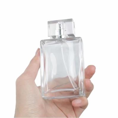 China 100ml Transparent Square Glass Perfume Bottle Pump Sprayer for sale
