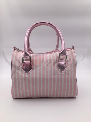China Round Type Design Travel Tote Bags For Women Pink Stripe Two Stylish PU Handle for sale