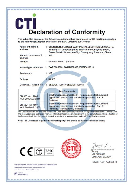 CE - Shenzhen ZhaoWei Machinery & Electronics Co. Ltd.