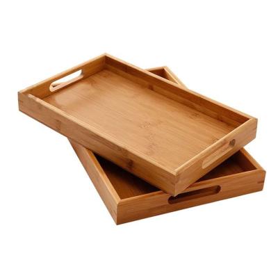 China Food 35*22cm Bamboo Kitchen Storage Wooden Woven Serving Trays Ergonomic Grip Handles for sale