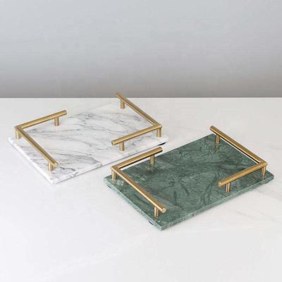 China Honed Marble Rectangular Tray With Gold Metal Handle for sale