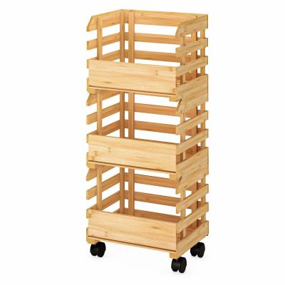 China Sustainable 3 Tier Bamboo Basket Stand With Wheels For Vegetable Fruit for sale