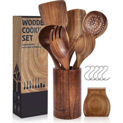 China Natural Teak Acacia Cookware Wood Utensil Set 9pcs For Home for sale