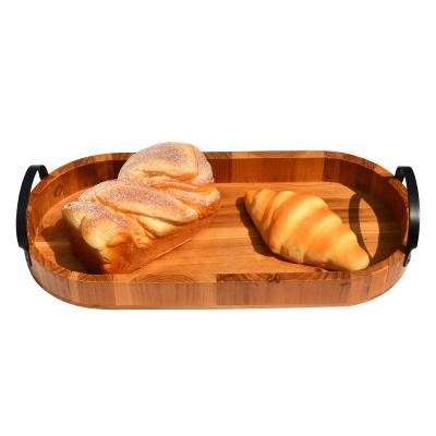 China Food Dessert Natural Wood Serving Tray 42.5x18.1x5cm With Metal Handle for sale
