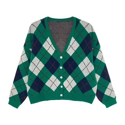 China V Neck Button Tartan Design Bespoke Sweaters Cropped Long Sleeve Knitted Sweater for sale