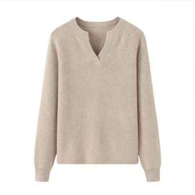 China Custom Women Cashmere Sweater Beige Casual Soft V Neck Winter Tops for sale