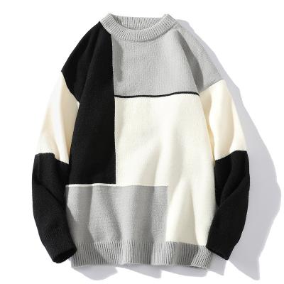 China Acrylic Men Crew Neck Sweater White Black Green Color Block Knitted Oversize Sweater for sale