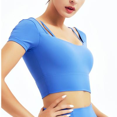 China Oem Factory Manufacturer Custom Logo Women Gym Fitness Training Clothes Blue Seamless 2 Piece Yoga Set for sale