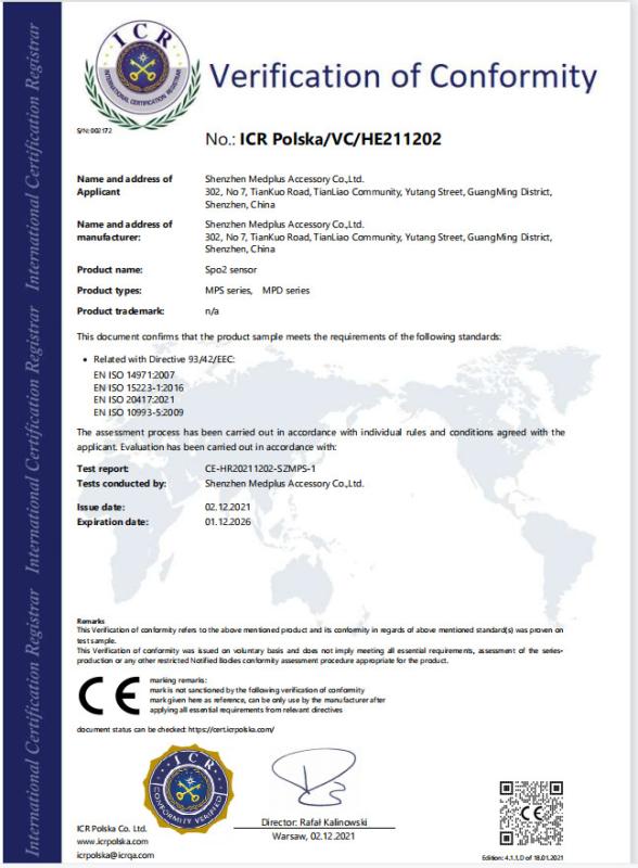 CE Of Spo2 sensor - Shenzhen Medplus Accessory Co.,LTD
