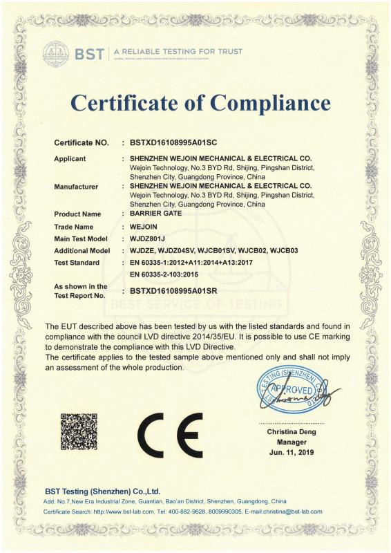 CE for Barrier Gate (LVD) - Shenzhen Wejoin Mechanical & Electrical Co.