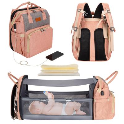 China 5 In 1 Diaper Bag Backpack Portable Crib Mummy Bag Bed Waterproof Travel Bag With USB Charge Baby Changing Bag for sale