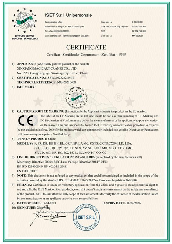 CE Certificate - Xinxiang Magicart Cranes Co., LTD