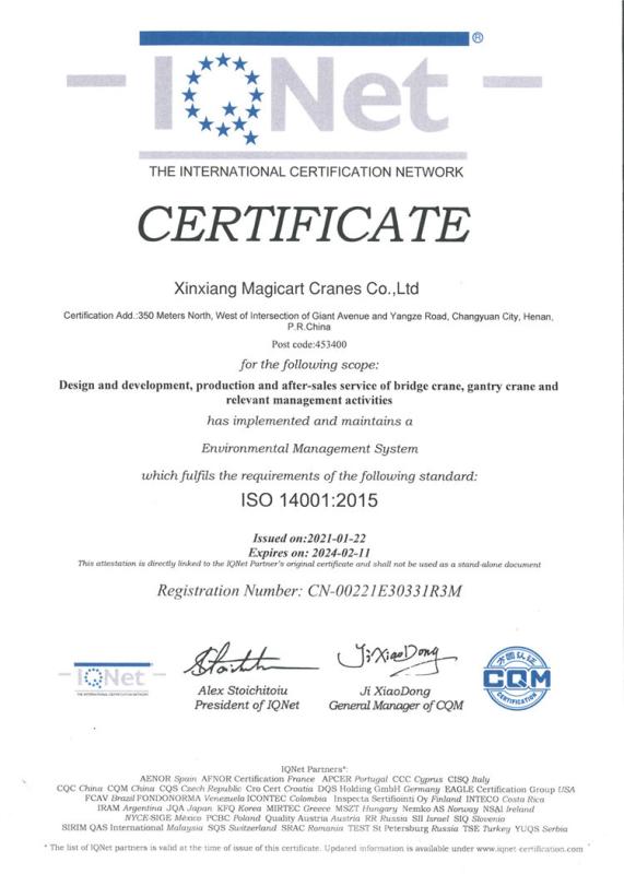 ISO 14001:2015 - Xinxiang Magicart Cranes Co., LTD