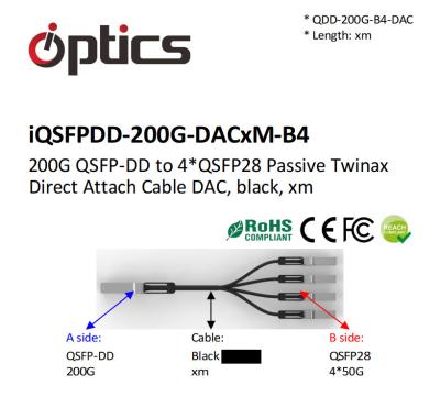 中国 QSFPDD-200G-DACxM-B4 200G QSFPDDから4x50G QSFP28 ブレイクアウト DAC (直接接続ケーブル) ケーブル (受動) Dac 10m 販売のため