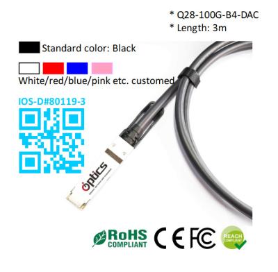 China 100G QSFP28 to 4x25G Breakout DAC(Direct Attach Cable) Cables (Passive) 3M 100G QSFP28 DAC for sale