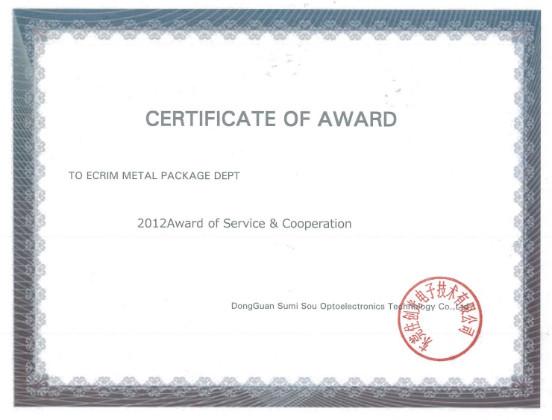 Cooperation and Service Award - JOPTEC LASER CO., LTD