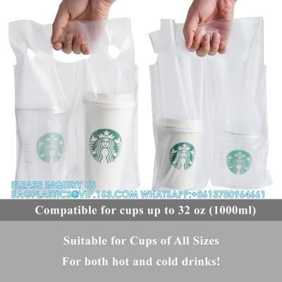 China Bolsas de mano para beber Portador de tazas con mango Bolsas de embalaje de plástico transparente para la entrega Bolsas de bebida con agujero colgante en venta