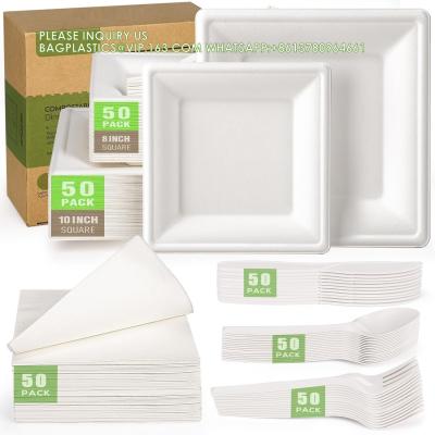 China Compostable Paper Plates Set 300pcs Disposable Sugarcane Plates Eco-Friendly White Square Plates With Napkins for sale