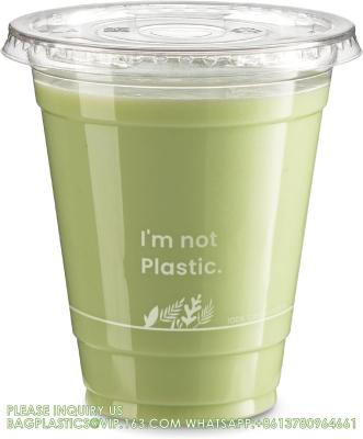 China 12 Oz Compostable Clear Cups With Flat Lids, Plant Based Biodegradable Cups, Recyclable Iced Coffee Cup, Disposable for sale