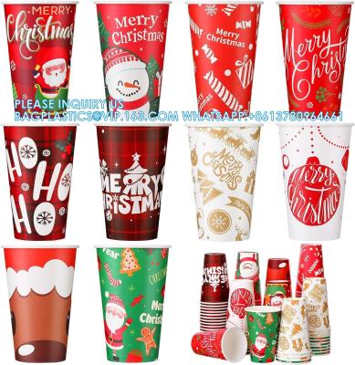 China Christmas Paper Coffee Cups With Sleeves Lids 12 Oz Xmas Disposable Party Cup Christmas Tree Hot Cocoa Cups for sale