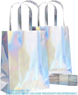 China Holographic Foil Paper Gift Bags With Handles, Reusable Iridescent Gift Bags For Baby Shower, Birthday, Wedding for sale
