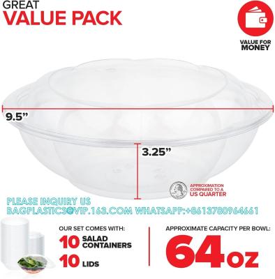 China 64oz Clear Plastic Salad Bowls With Lids Disposable (10 Pack) Extra Large Takeout Container With Snap On Lid for sale