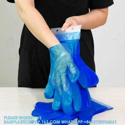 China Guantes desechables azules poli desechables con pestañas de colgar guantes de plástico de preparación de alimentos en venta