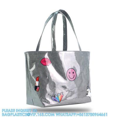 China Tyvek Shopping Bag American Style Transparent Clear PVC Printed Logo Shopping Bag Hand Bag Transparent Beach Bag for sale