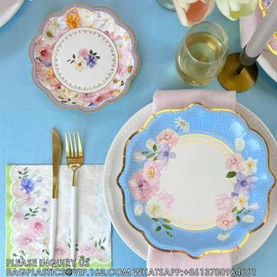 China Tea Party Paper Plates Customized Disposable Plates Sets Flower Paper Tableware Set For Tea Party for sale