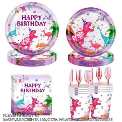 China Dinosaurios Conjunto de vajilla de fiesta de cumpleaños Platillos de papel Tazas desechables Niños Decoración de fiesta de cumpleaños en venta