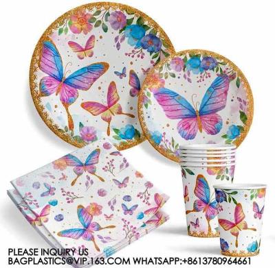 China Decoración de Fiestas de cumpleaños Fiestas Servidores de mesa Platos de papel Copas Mariposa púrpura Suministros de fiesta en venta