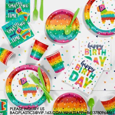 China Happy Birthday Party Decoration Set Tie-Dye Disposable Banner Paper Plates Tableware Set for sale