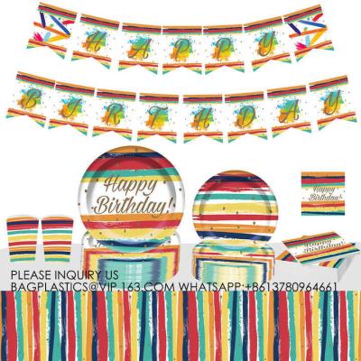 China 8 guests Birthday Party Tableware Decoration Set Rainbow Theme Tableware Paper Plate Supplies for sale