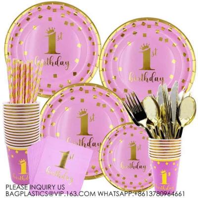 China Baby'S Birthday Party Pink Paper Plate Napkin Cup Straw Tablecloth Decorative Birthday Party Supplies for sale