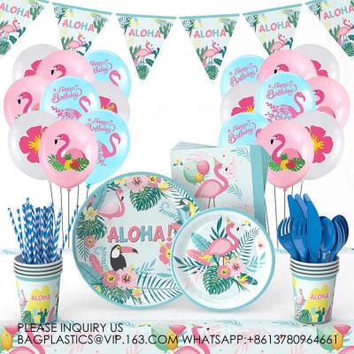China New Pink Flamingos Birthday Party Tableware Set Disposable Party Paper Plate Decoration Children'S Birthday for sale