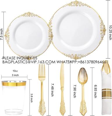 China Platos desechables de oro para 100 invitados, platos de plástico para la fiesta, conjunto de vajilla de platos de cena, platos de ensalada en venta