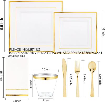 China Gold Plastic Plates - Disposable Square Gold Plates Include Dinner Plates Dessert Plates Cups Plastic Cutlery for sale