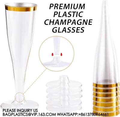 China Plastic Champagne Flutes, 4.5 Oz Gold Rim Glasses, Disposable Clear Toasting Glasses Recyclable Cups For Wedding Party for sale