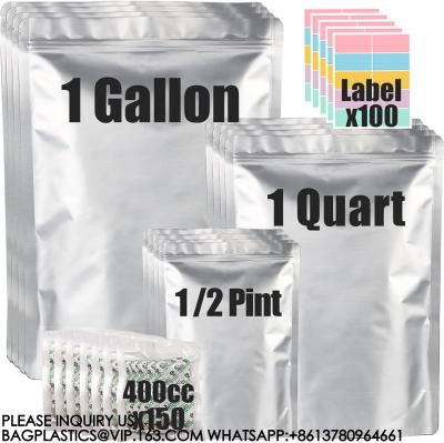 China Mylar Bags For Food Storage With Oxygen Absorbers & Labels, 10 Mil Thick 3 Sizes (1 Gallon, 1 Quart, 1/2 Pint) for sale