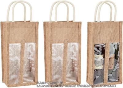 China Burlap Wine Bottle Bag Jute Wine Tote Gift Bag With 2 Clear Window And Handle Wedding Birthday Festivals Souvenir for sale